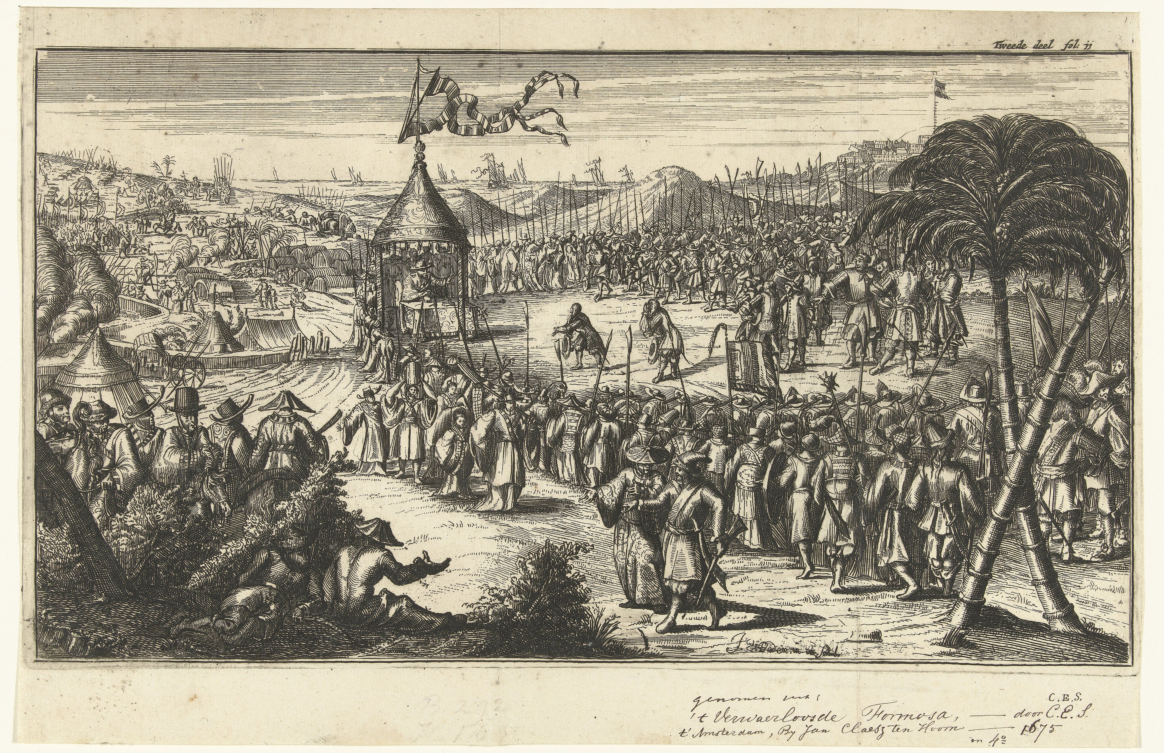 Dutch painting depicting the surrender of Dutch soldiers to Koxinga: Surrender of Fort Zeelandia in Formosa to the Ming loyalists (1662) Johannes van Baden